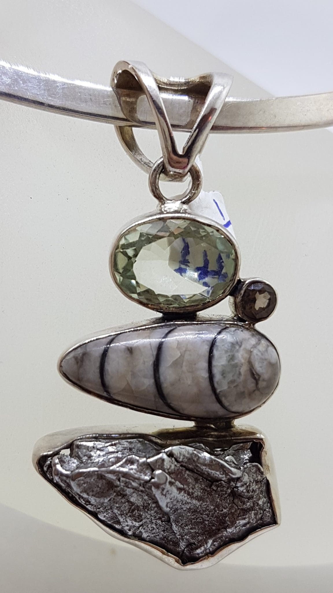 Sterling Silver Green Amethyst / Prasiolite, Fossil, Smokey Quartz and Meteorite Pendant on Silver Choker / Necklace / Chain