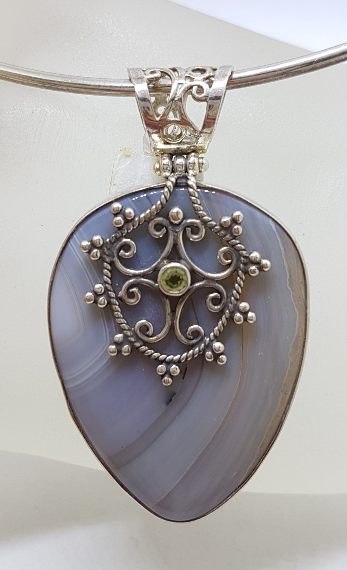 Sterling Silver Large Agate with Ornate Filigree set Peridot Pendant on Sterling Silver Choker