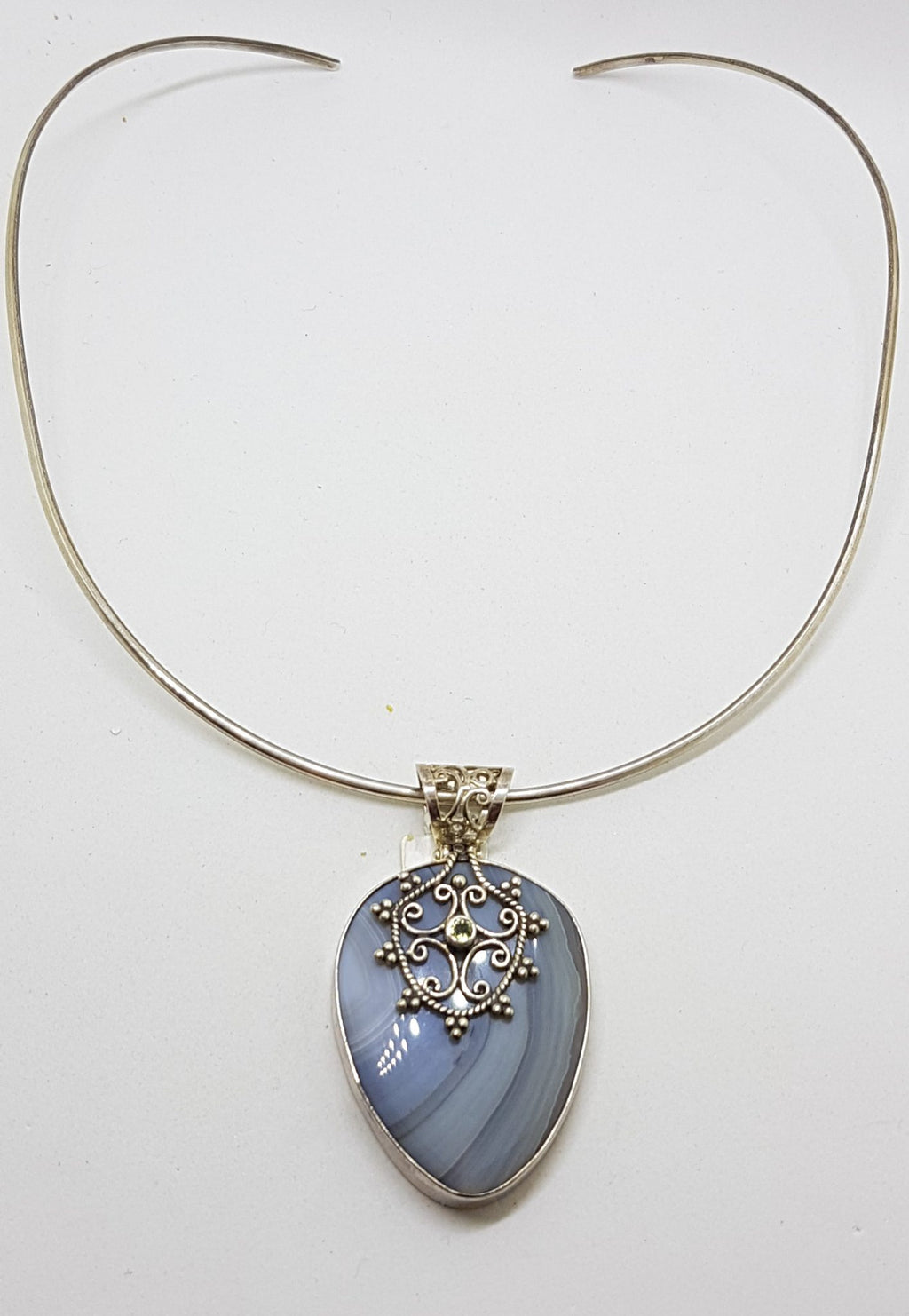 Sterling Silver Large Agate with Ornate Filigree set Peridot Pendant on Sterling Silver Choker