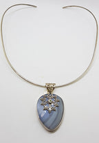 Sterling Silver Large Agate with Ornate Filigree set Peridot Pendant on Sterling Silver Choker