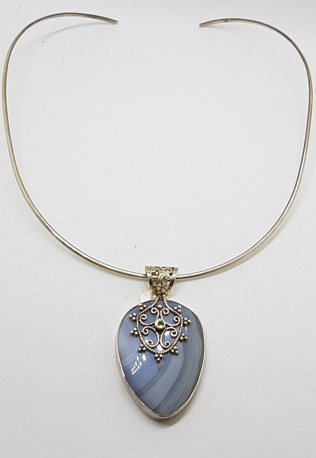 Sterling Silver Large Agate with Ornate Filigree set Peridot Pendant on Sterling Silver Choker