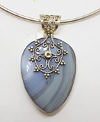 Sterling Silver Large Agate with Ornate Filigree set Peridot Pendant on Sterling Silver Choker