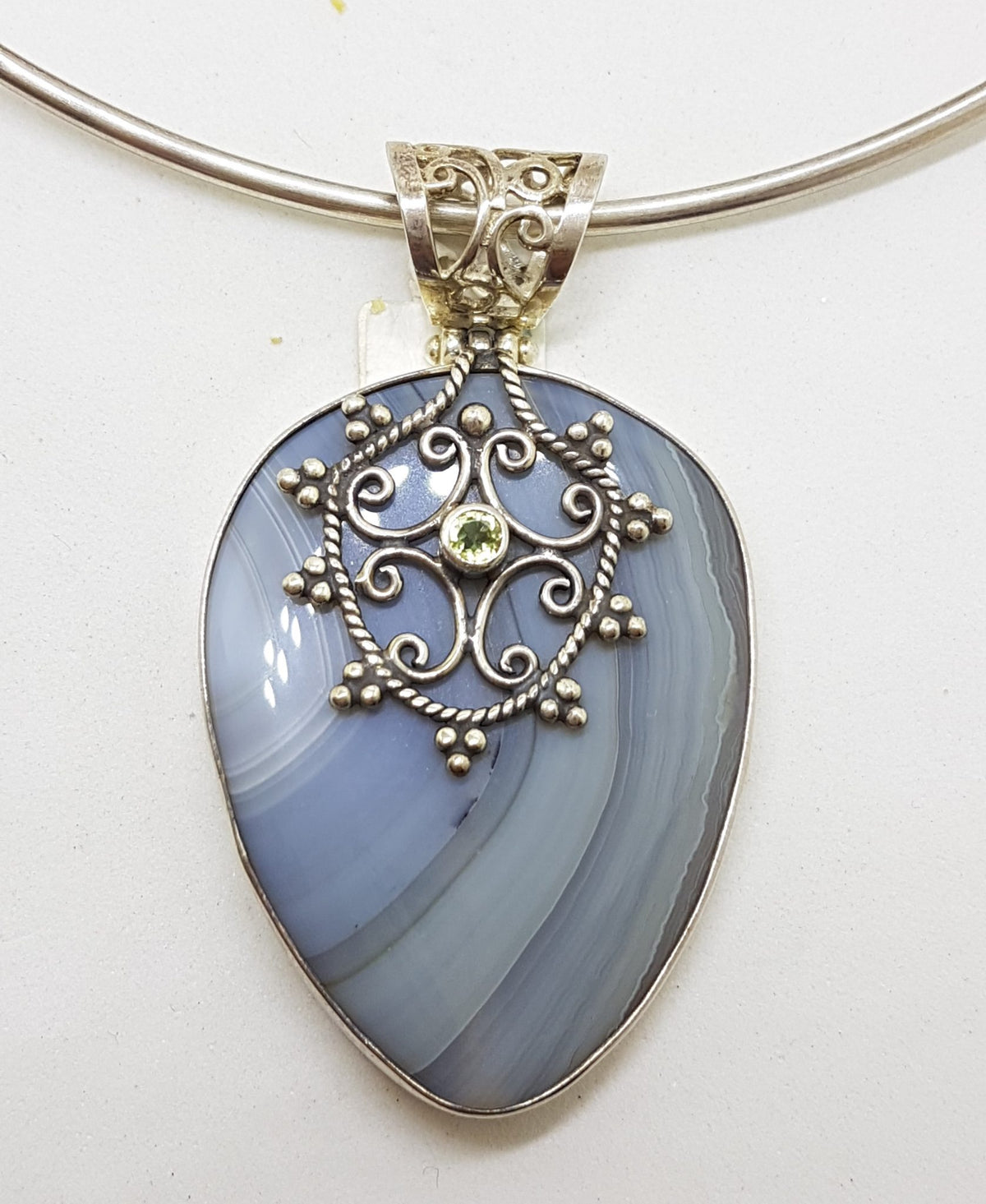 Sterling Silver Large Agate with Ornate Filigree set Peridot Pendant on Sterling Silver Choker