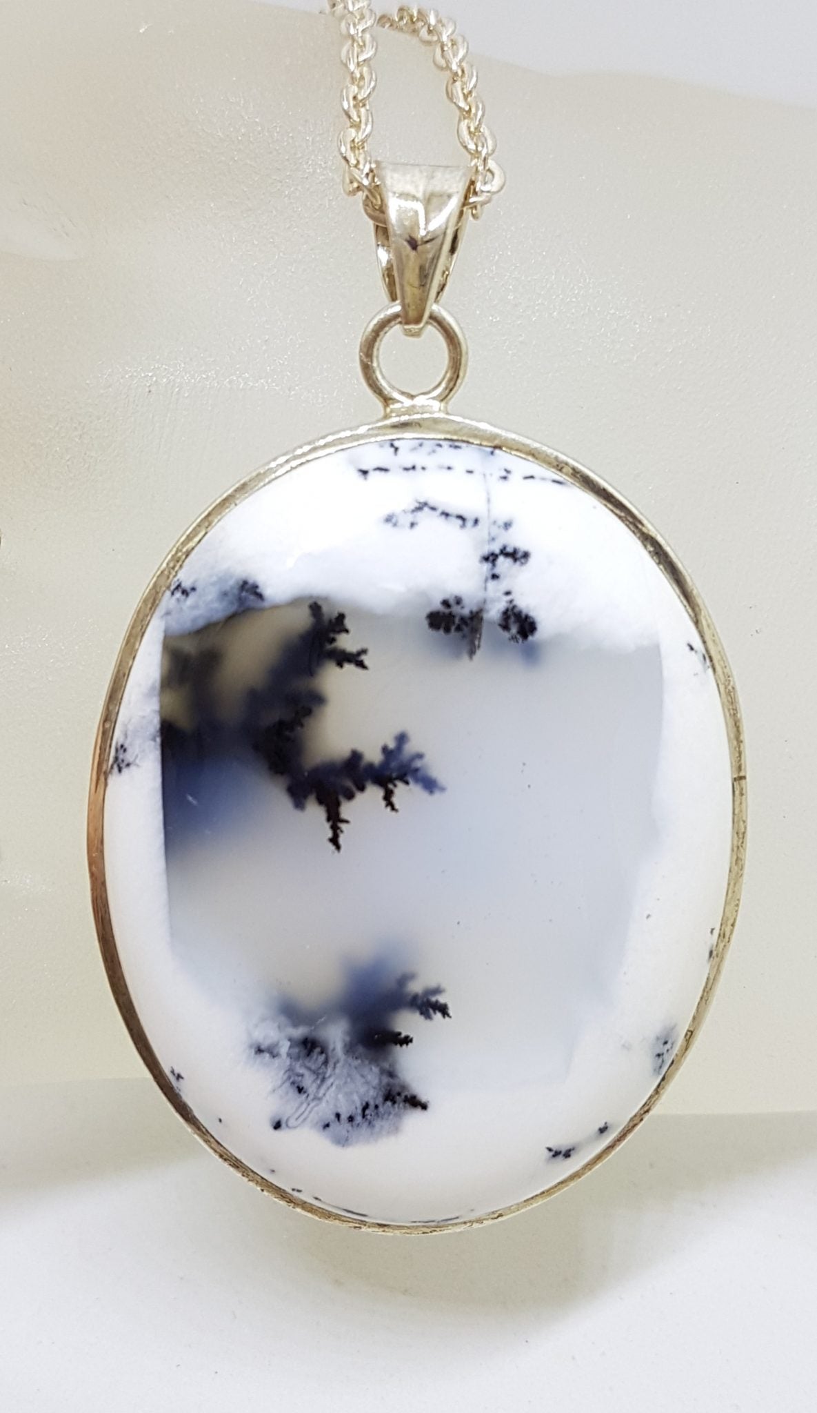 Sterling Silver Dendritic Agate Large Oval Pendant on Silver Chain