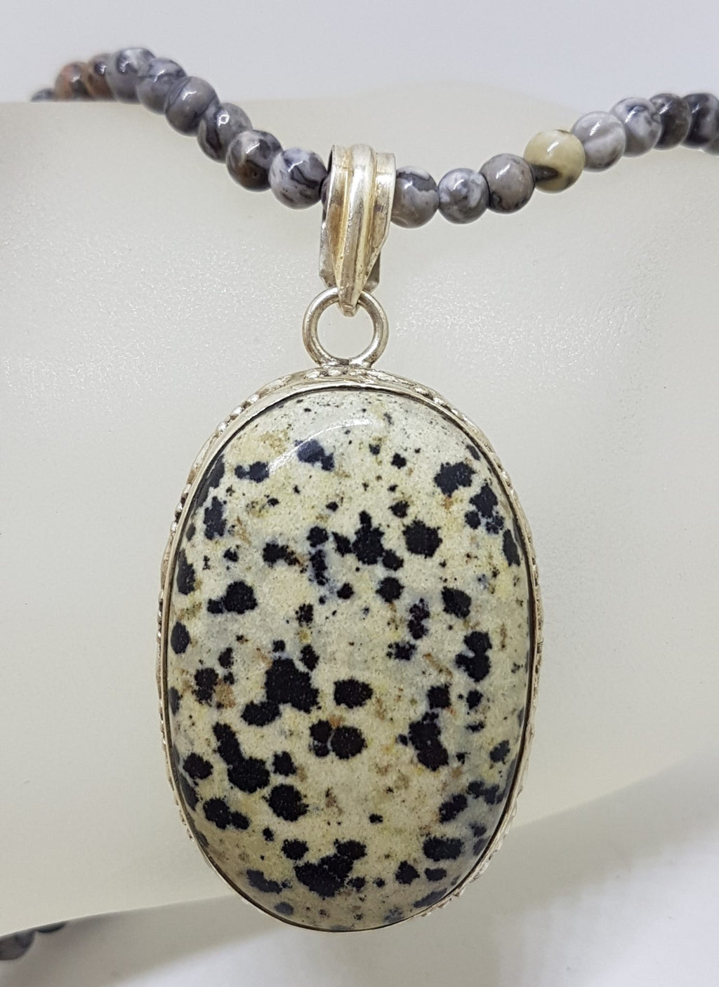 Sterling Silver Large Oval Dalmation Stone Pendant on Silver Bead Chain / Necklace