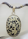 Sterling Silver Large Oval Dalmation Stone Pendant on Silver Bead Chain / Necklace