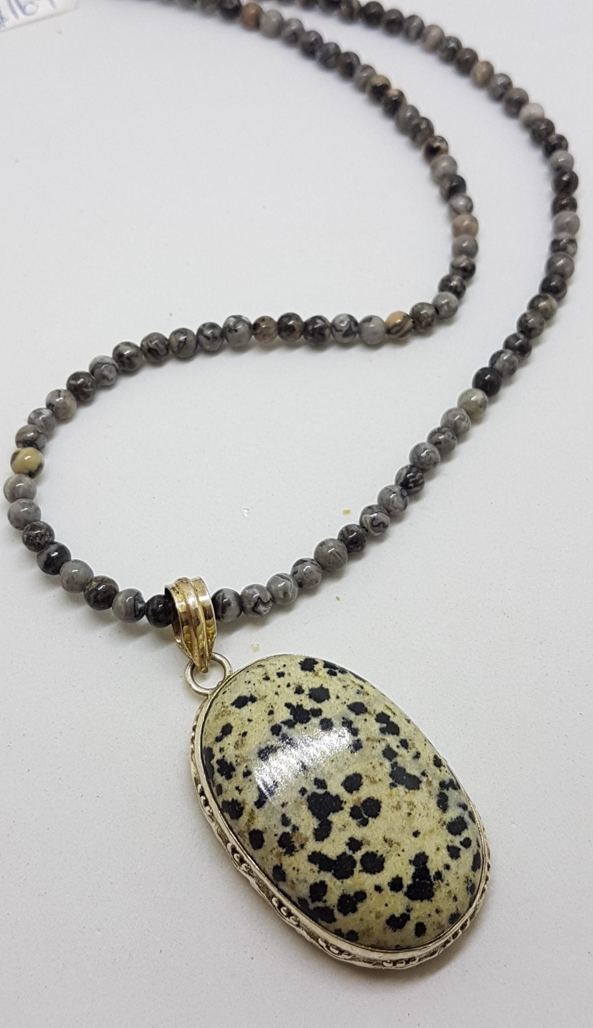 Sterling Silver Large Oval Dalmation Stone Pendant on Silver Bead Chain / Necklace