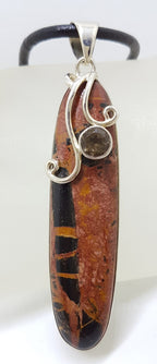 Sterling Silver Large Tyre Track Jasper and Smokey Quartz Long Pendant on Neoprene Necklace