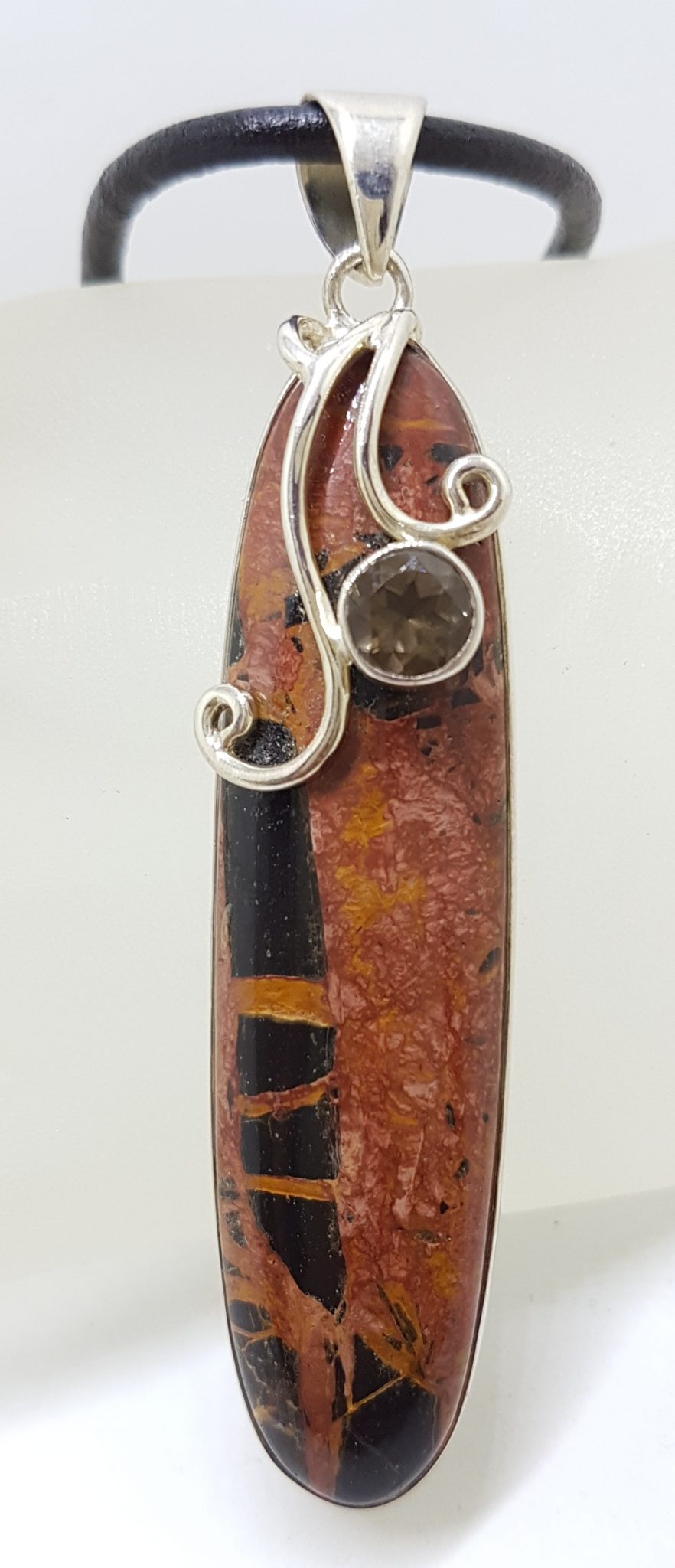 Sterling Silver Large Tyre Track Jasper and Smokey Quartz Long Pendant on Neoprene Necklace
