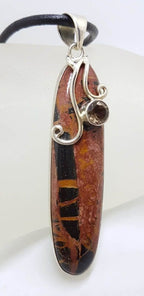 Sterling Silver Large Tyre Track Jasper and Smokey Quartz Long Pendant on Neoprene Necklace