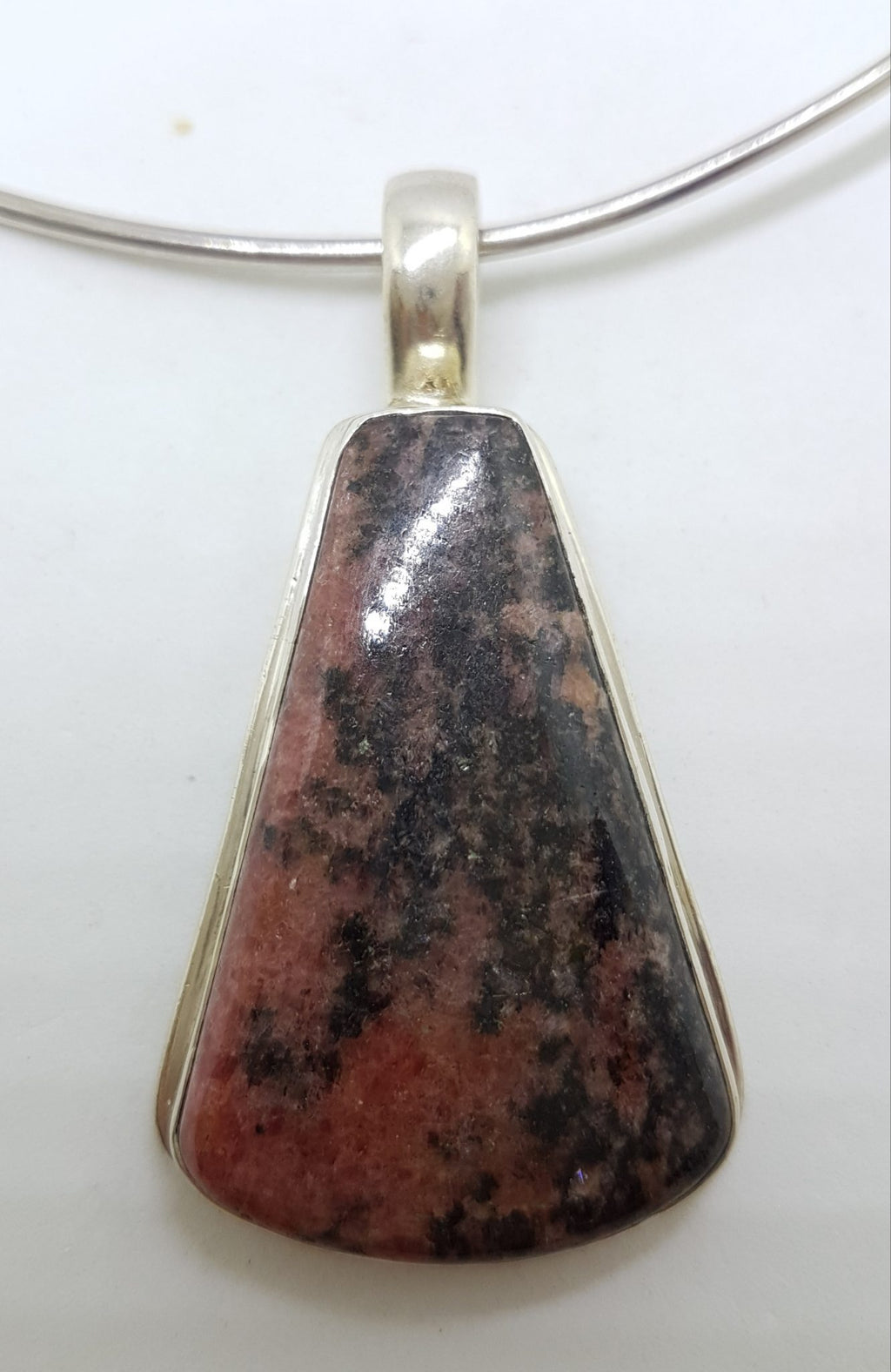 Sterling Silver Large Rhodonite Pendant on Silver Choker Necklace