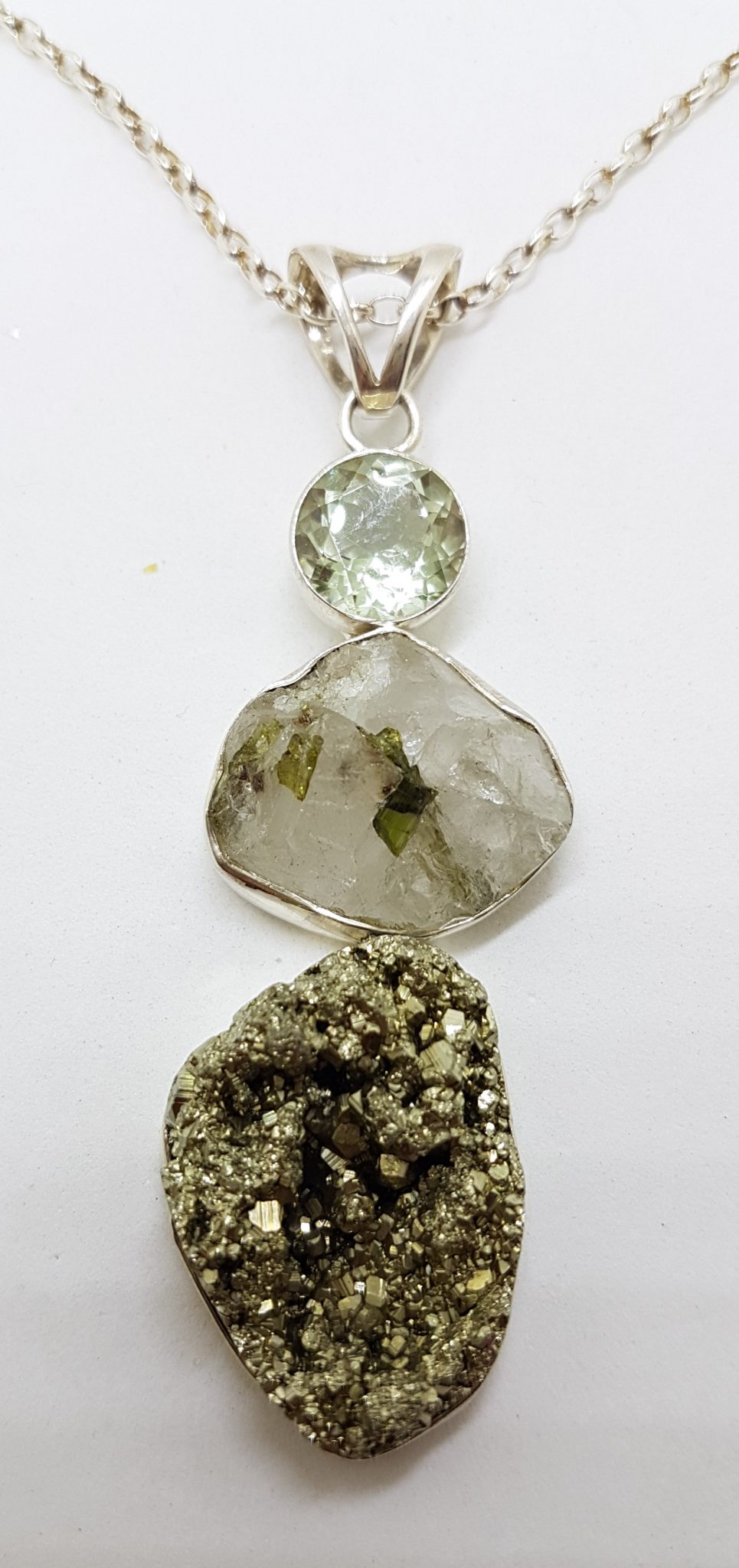 Sterling Silver Large Pyrite, Tourmaline and Quartz Pendant on Chain
