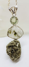 Sterling Silver Large Pyrite, Tourmaline and Quartz Pendant on Chain