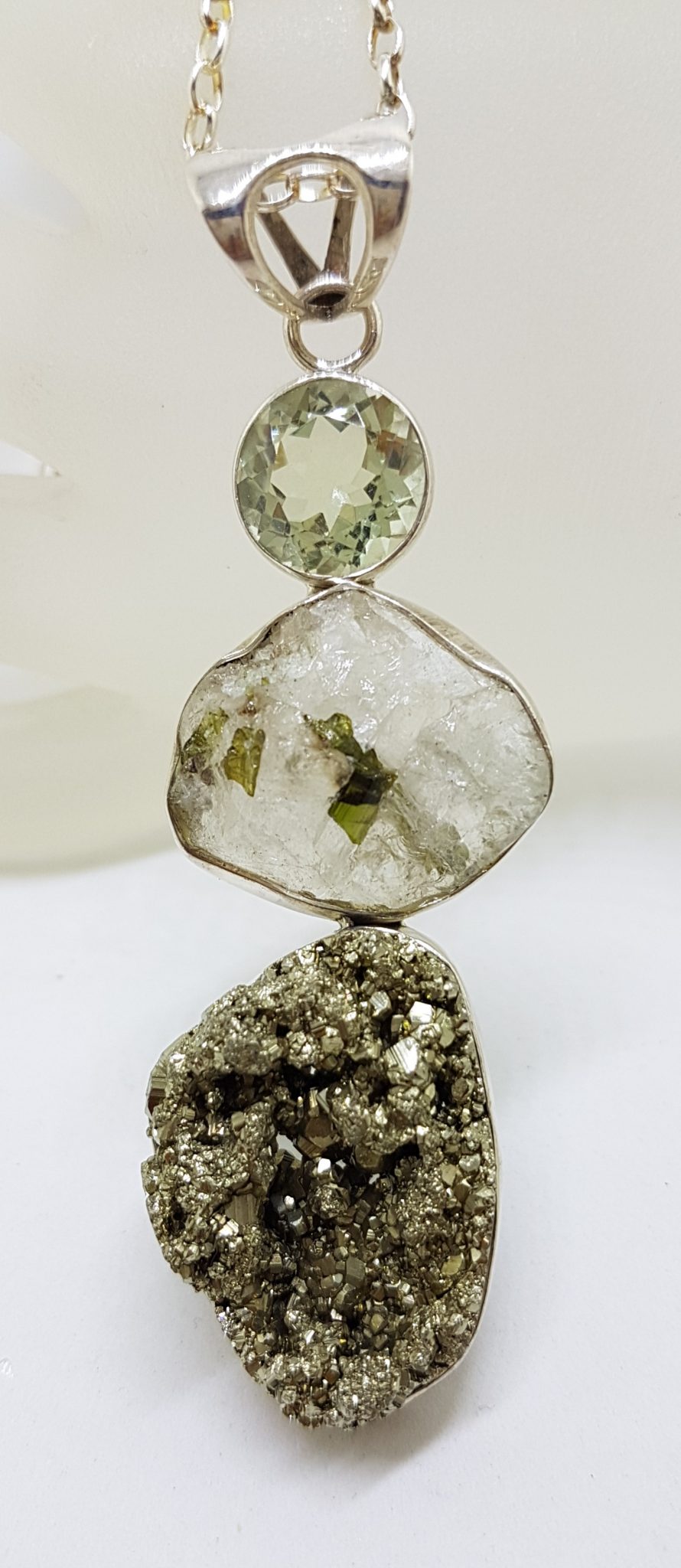 Sterling Silver Large Pyrite, Tourmaline and Quartz Pendant on Chain