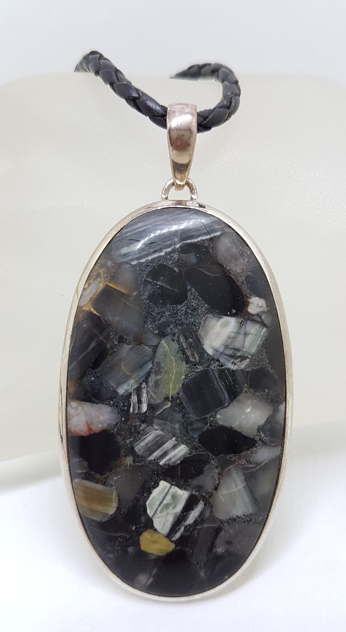 Sterling Silver Large Oval Vivianite Pendant on Neoprene and Silver Necklace / Chain