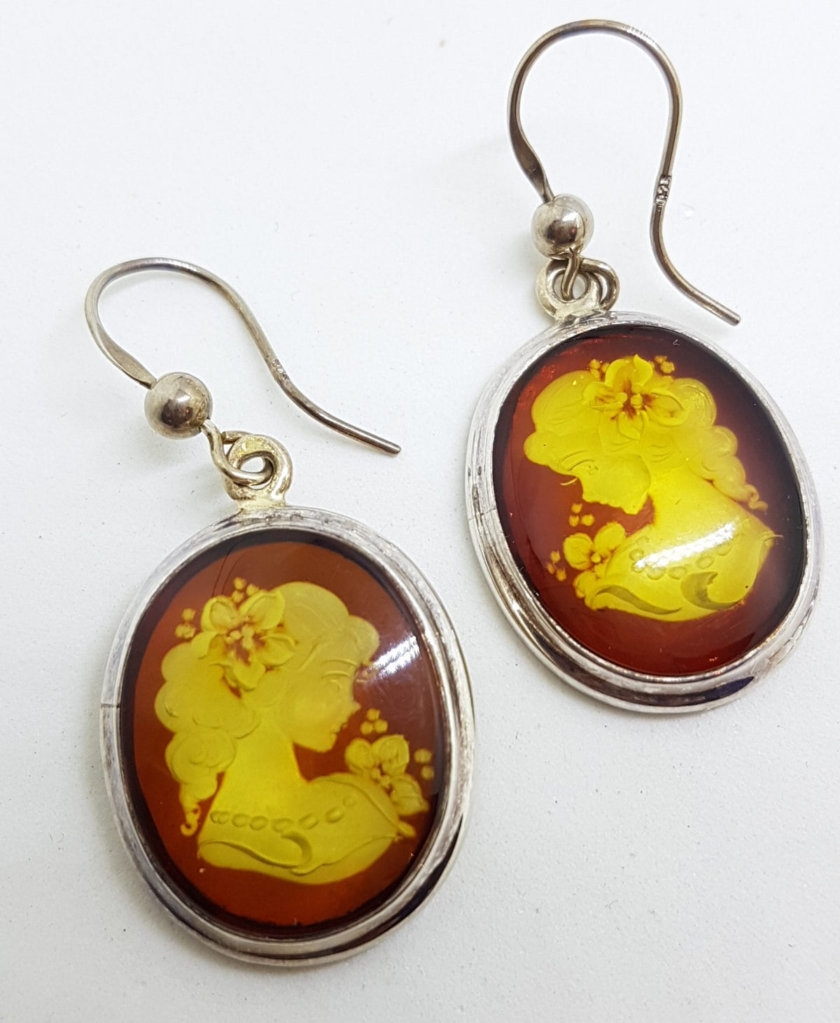 Sterling Silver Natural Baltic Amber Large Oval Carved Cameo Drop Earrings
