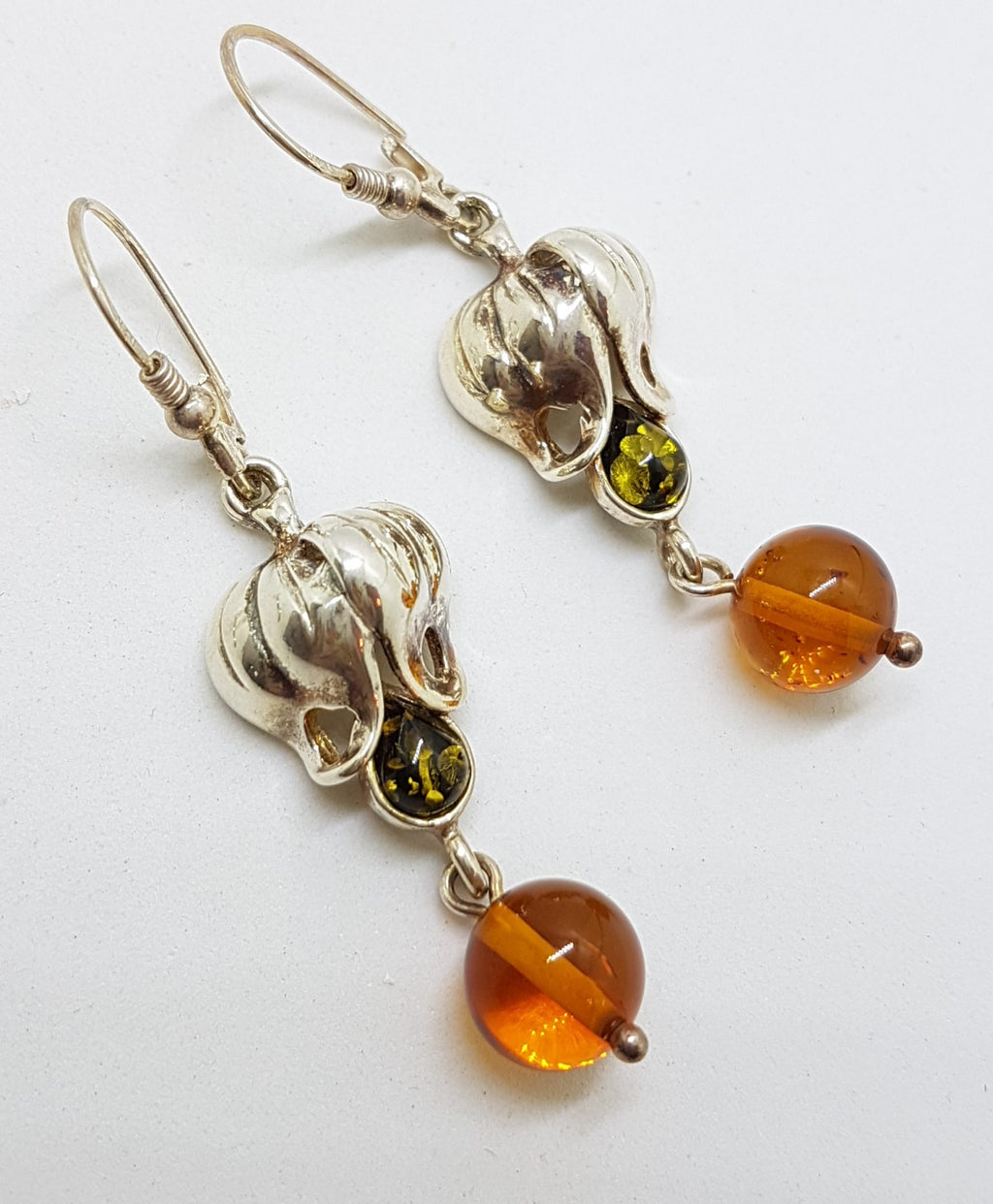 Sterling Silver Brown &amp; Green Natural Baltic Amber Long Drop Earrings - Fuchsia / Flower