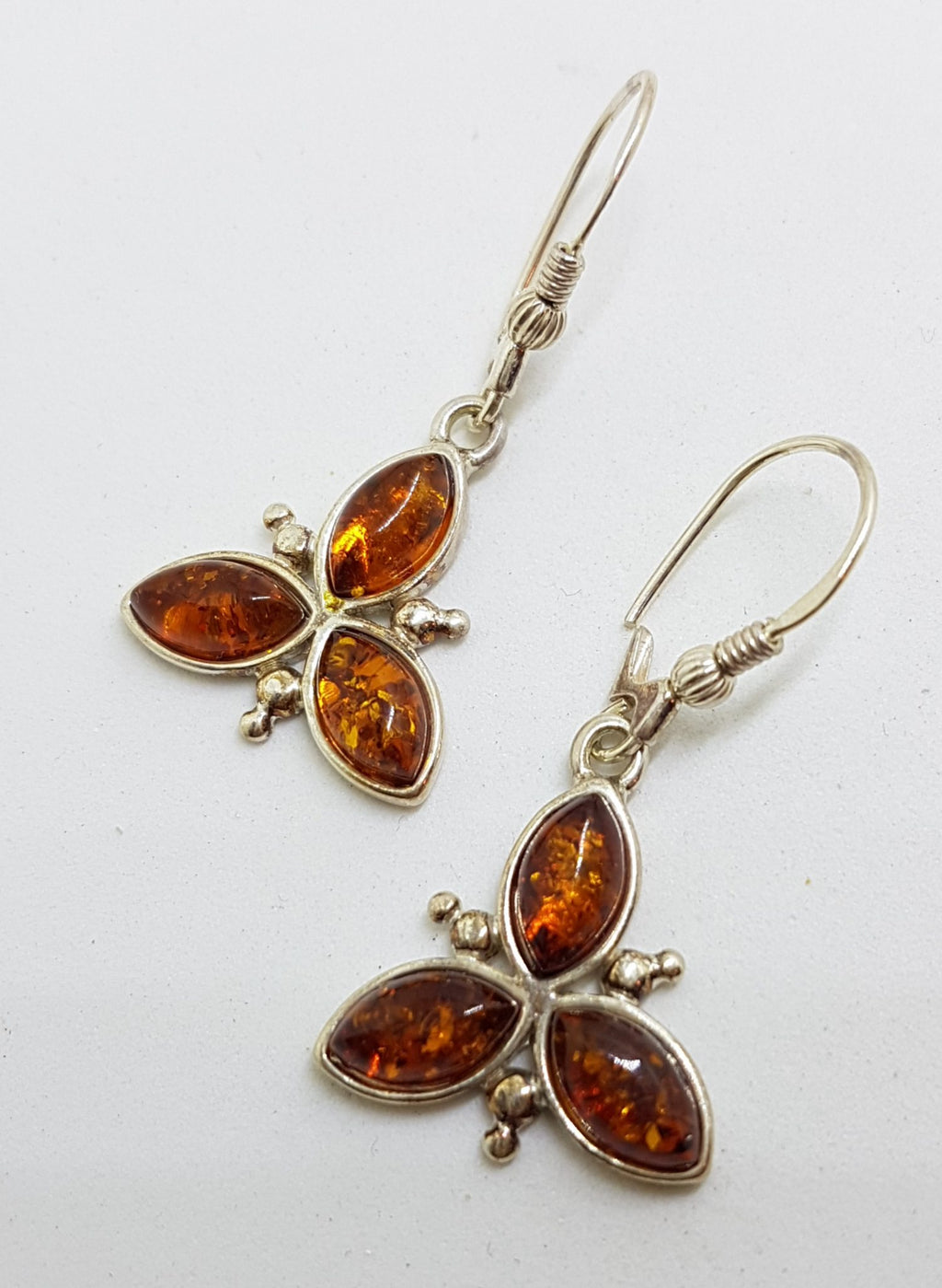 Sterling Silver Natural Amber Leaf Cluster Drop Earrings
