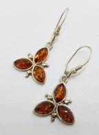 Sterling Silver Natural Amber Leaf Cluster Drop Earrings