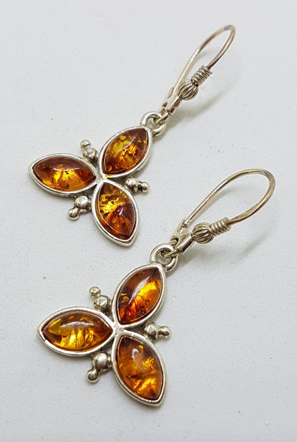 Sterling Silver Natural Amber Leaf Cluster Drop Earrings