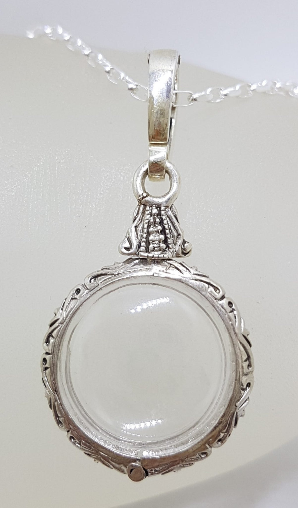 Sterling Silver Round Ornate Memory Locket Pendant on Silver Chain