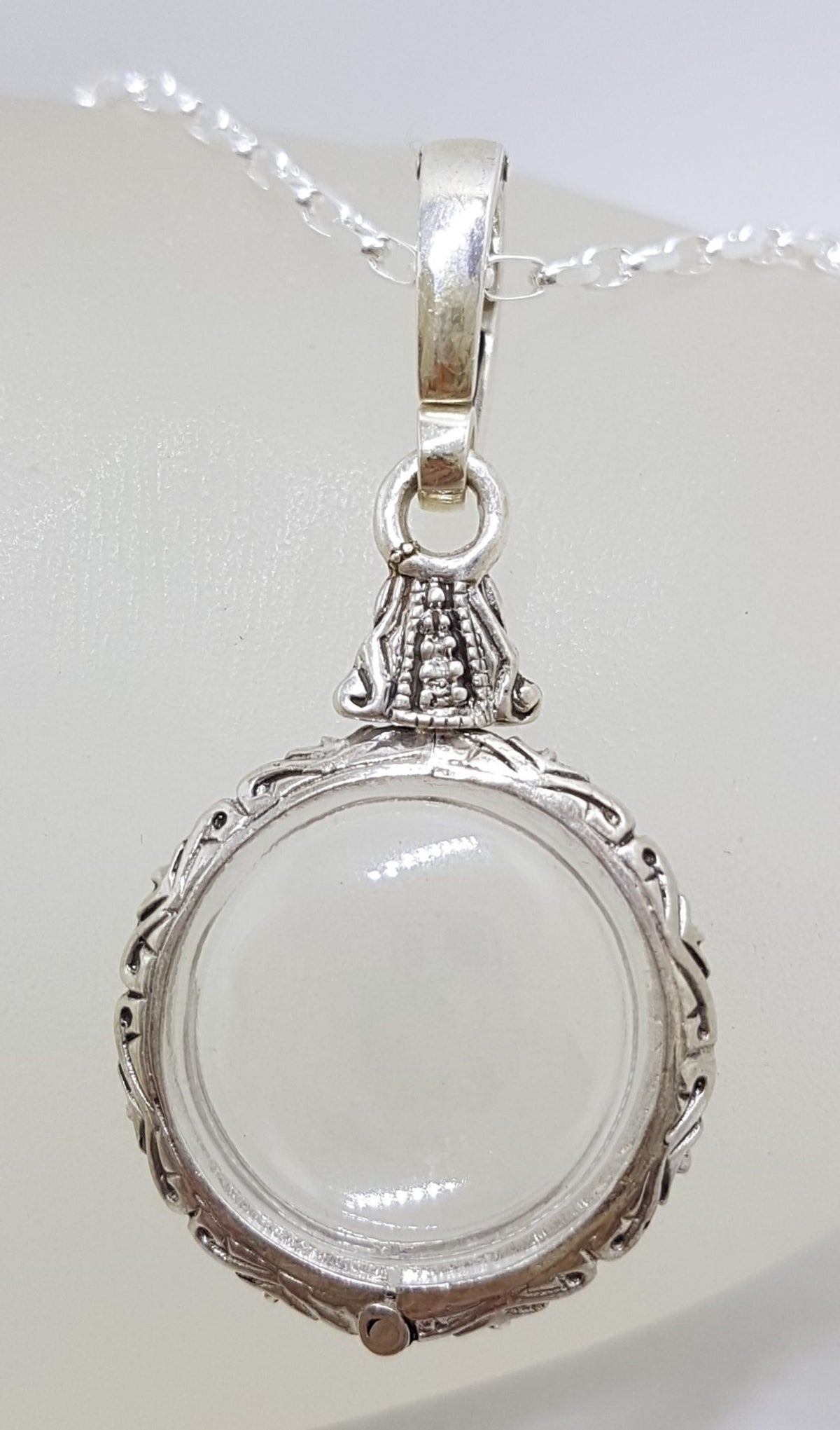 Sterling Silver Round Ornate Memory Locket Pendant on Silver Chain