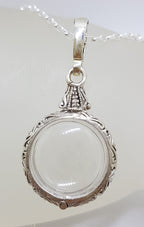 Sterling Silver Round Ornate Memory Locket Pendant on Silver Chain