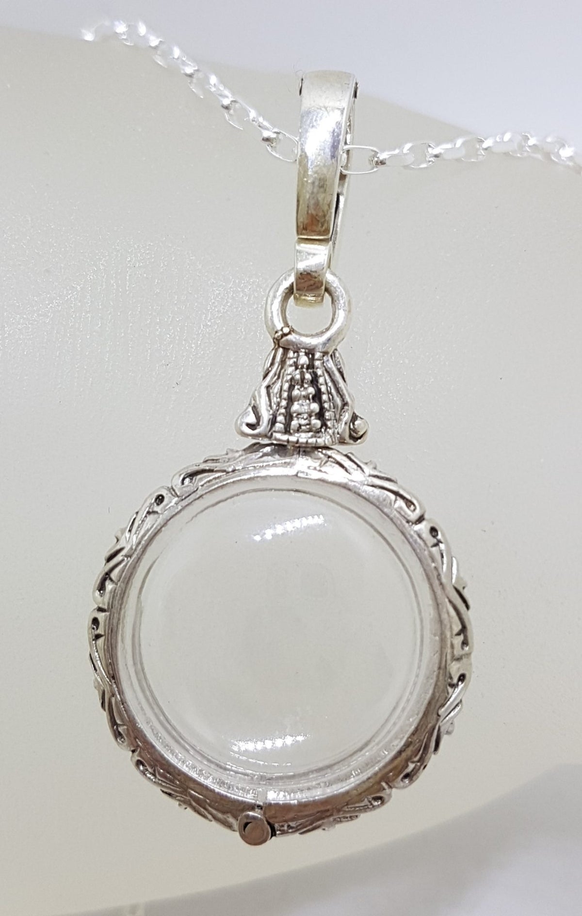 Sterling Silver Round Ornate Memory Locket Pendant on Silver Chain