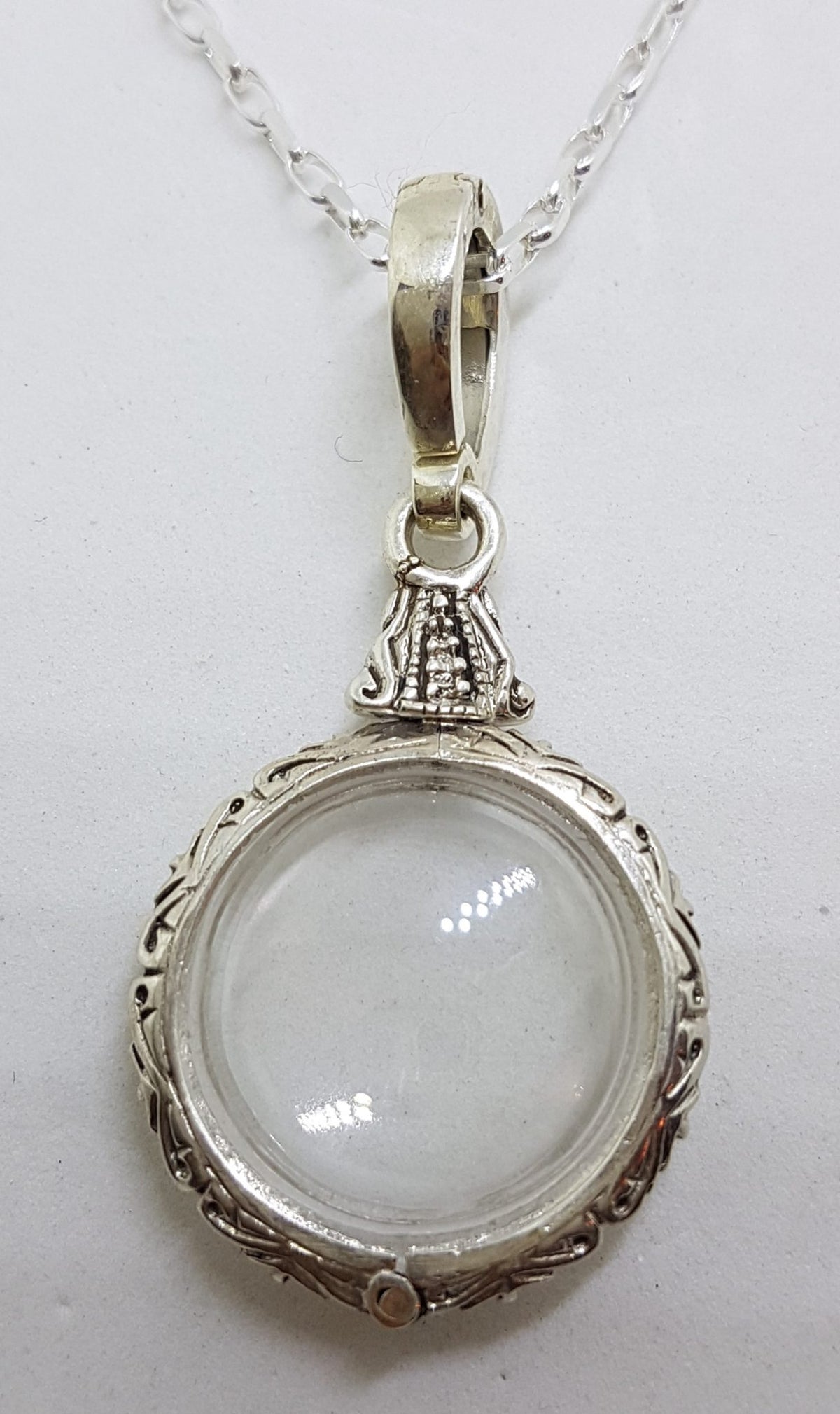Sterling Silver Round Ornate Memory Locket Pendant on Silver Chain