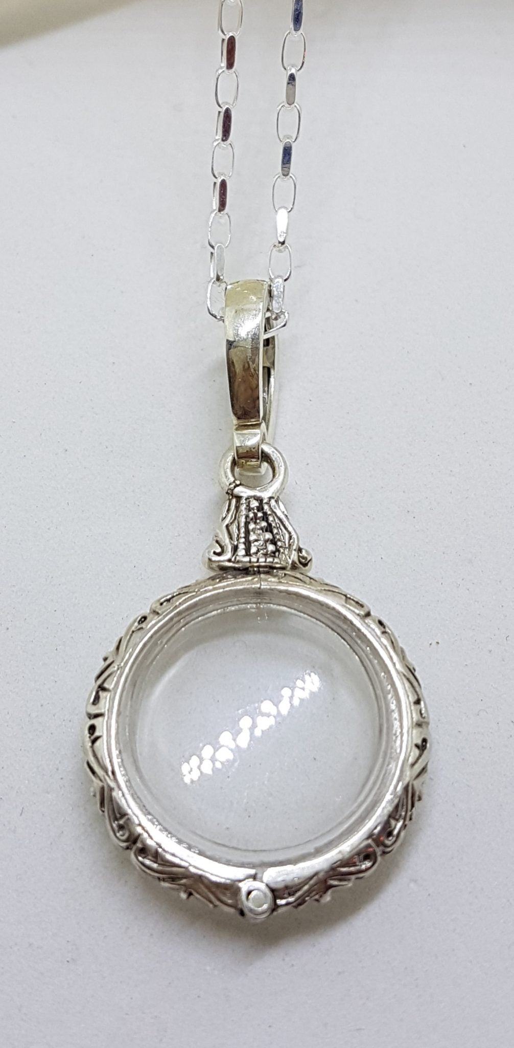 Sterling Silver Round Ornate Memory Locket Pendant on Silver Chain