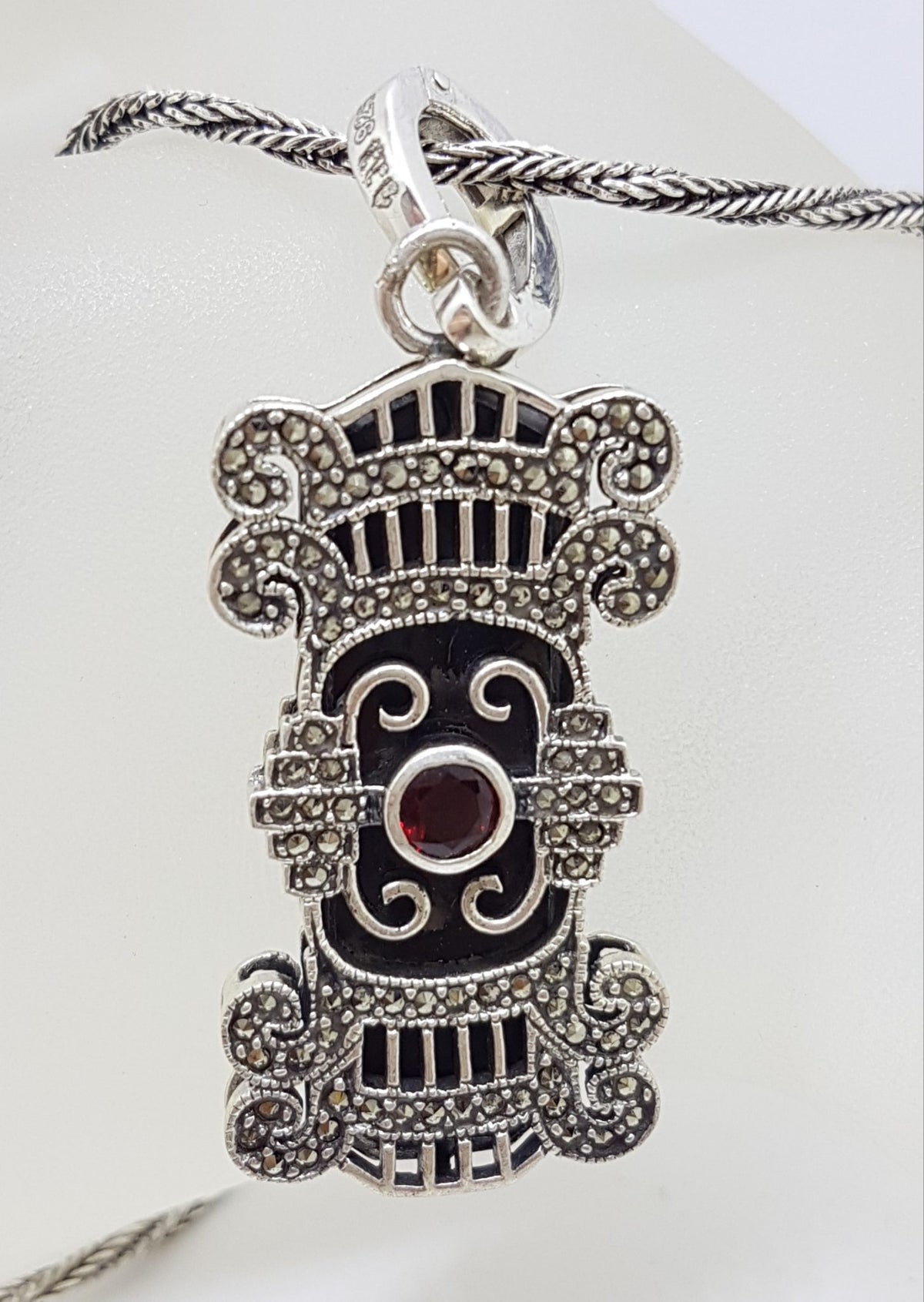 Sterling Silver Large Ornate Onyx, Marcasite and Garnet Art Deco Style Pendant on Silver Chain