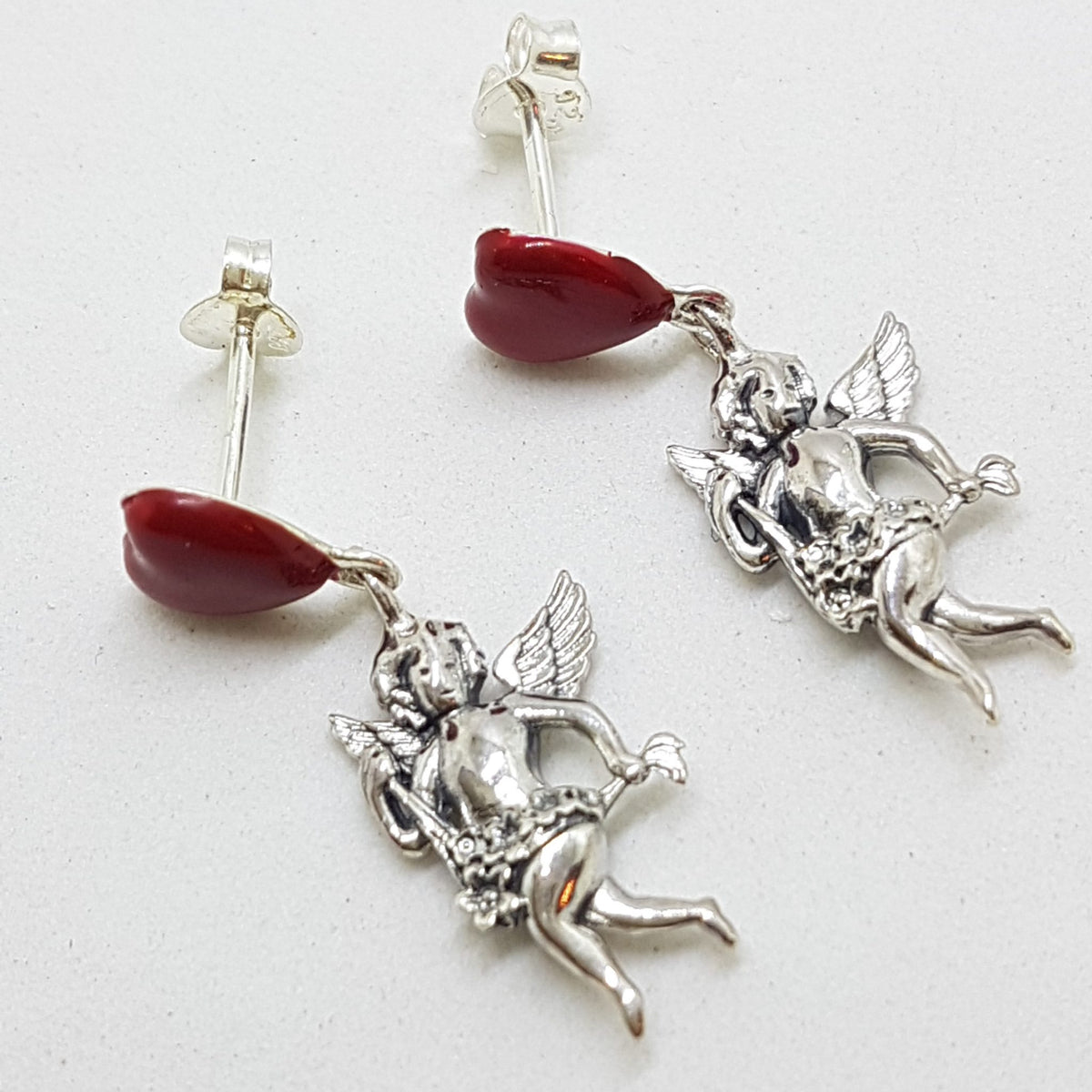 Sterling Silver Red Enamel Heart Cupid / Amore / Eros / Angel Drop Earrings