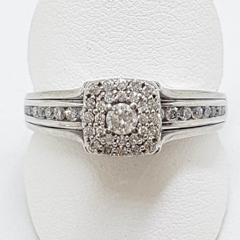 14ct White Gold Diamond Channel and Claw Set Square Cluster Engagement Ring