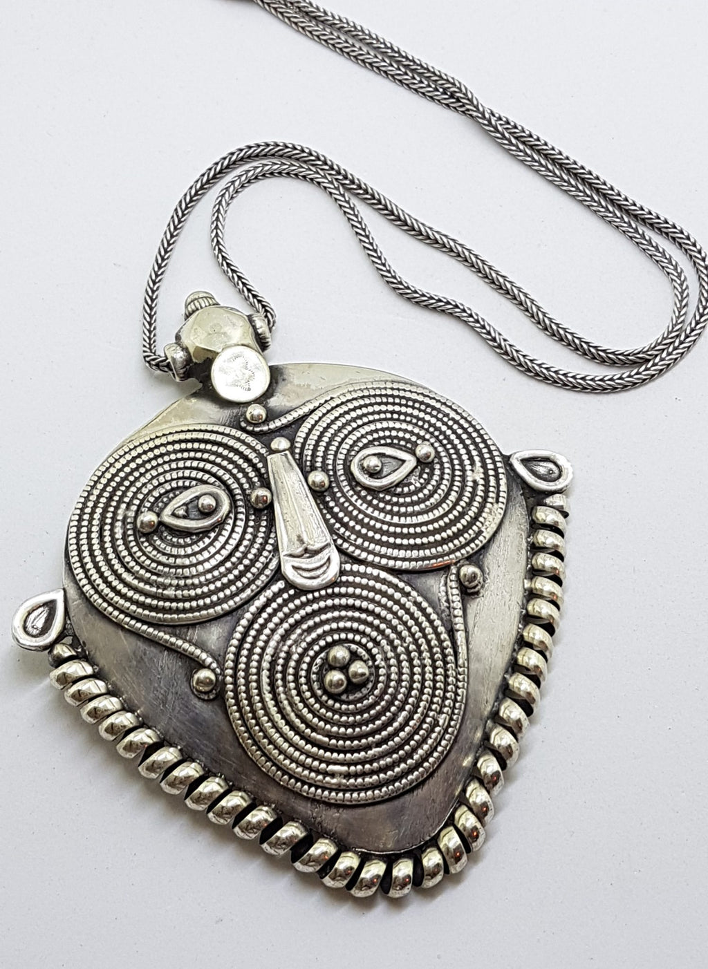 Sterling Silver Very Large and Heavy Ornate Face Pendant on Silver Chain