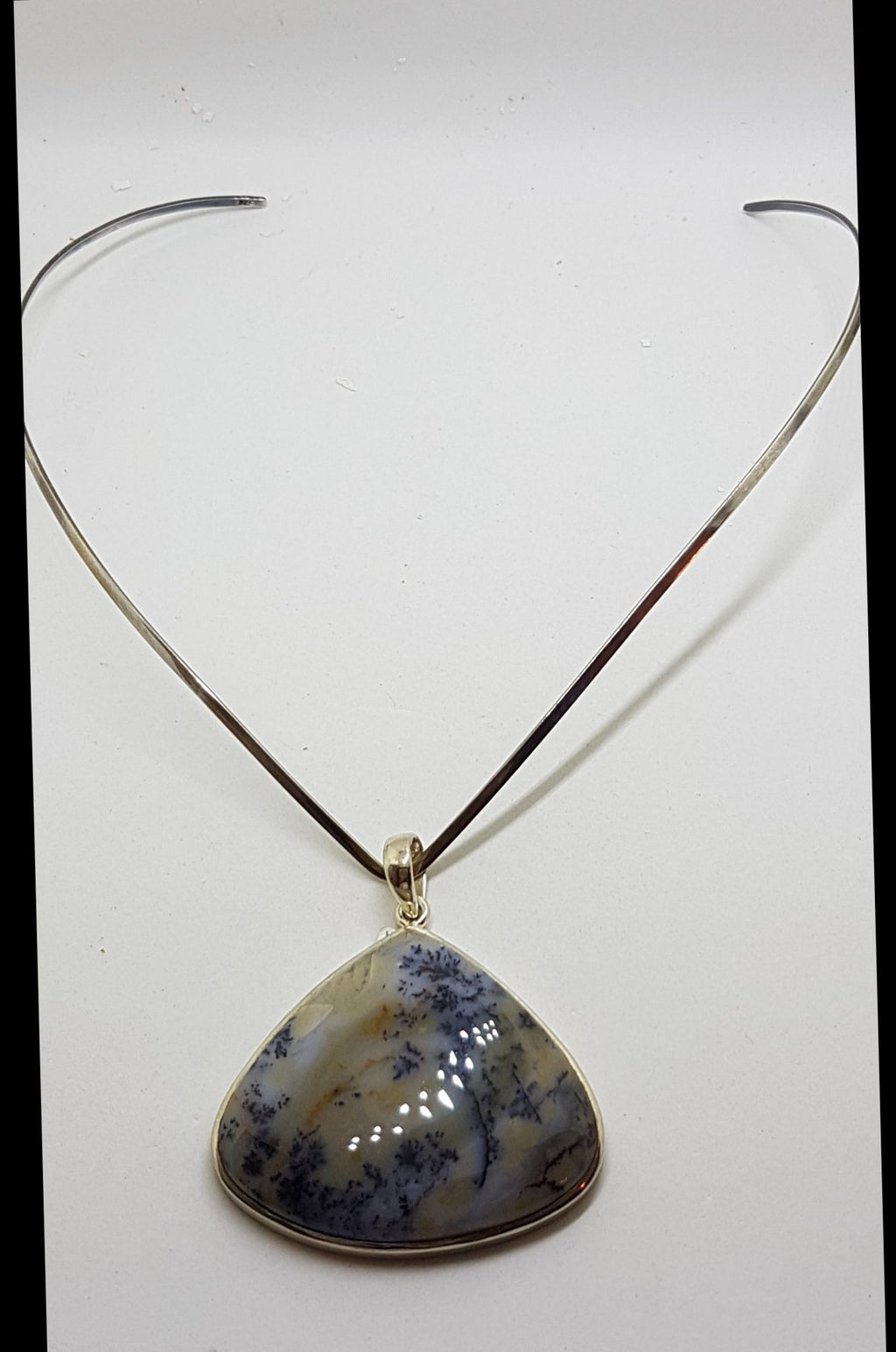 Sterling Silver Dendritic Agate Large Pear Shape / Teardrop Pendant on Silver Choker / Chain / Necklace