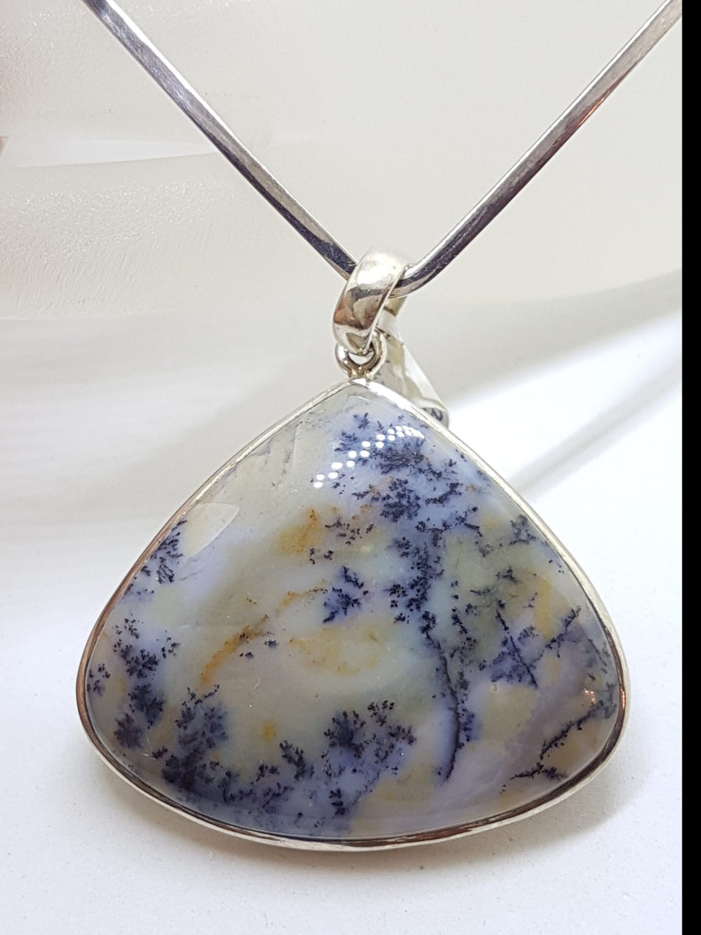 Sterling Silver Dendritic Agate Large Pear Shape / Teardrop Pendant on Silver Choker / Chain / Necklace