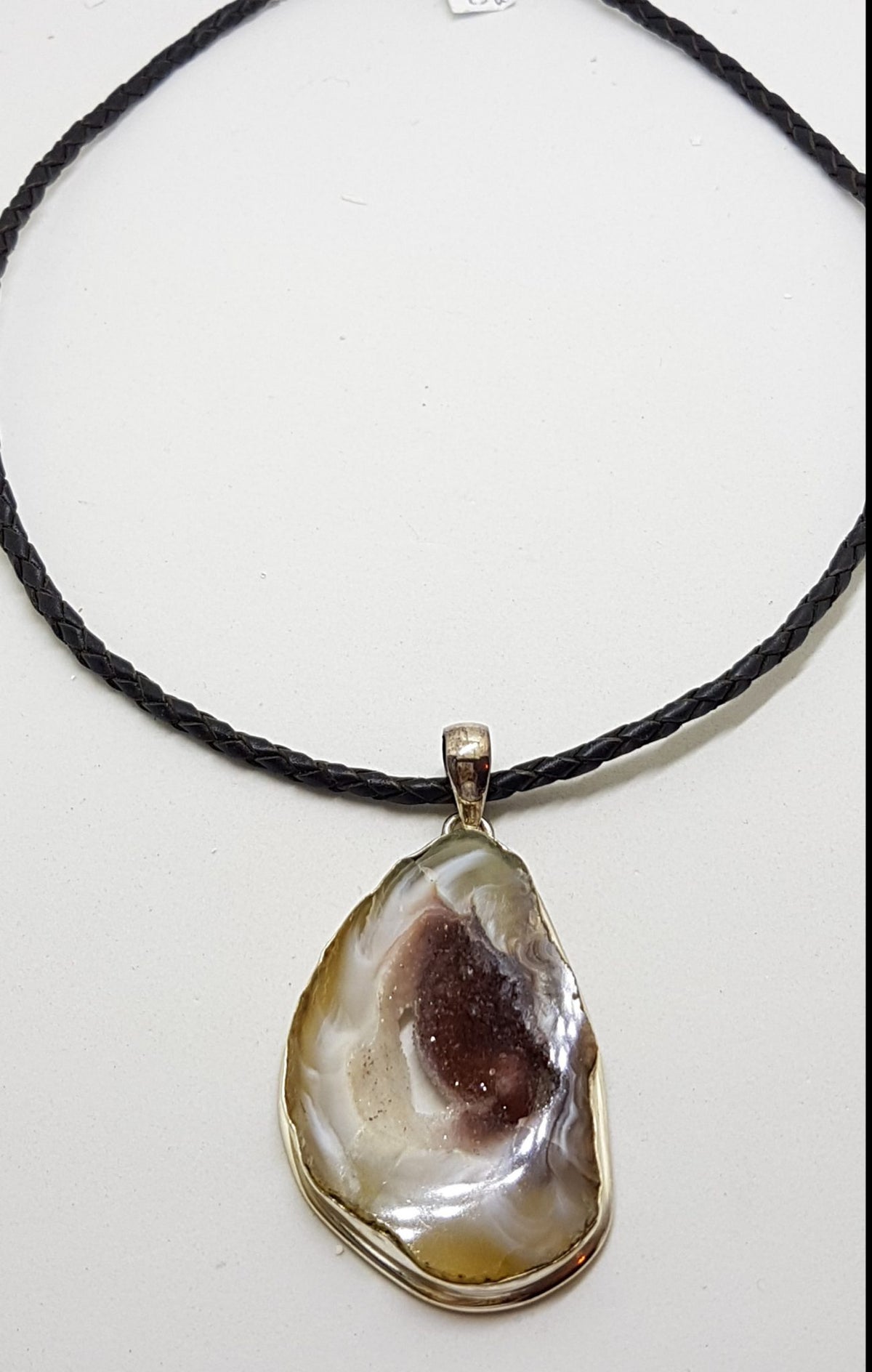 Sterling Silver Large Druzy Agate Pendant on Black Chain / Necklace