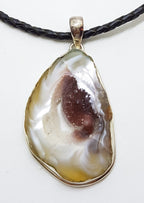 Sterling Silver Large Druzy Agate Pendant on Black Chain / Necklace