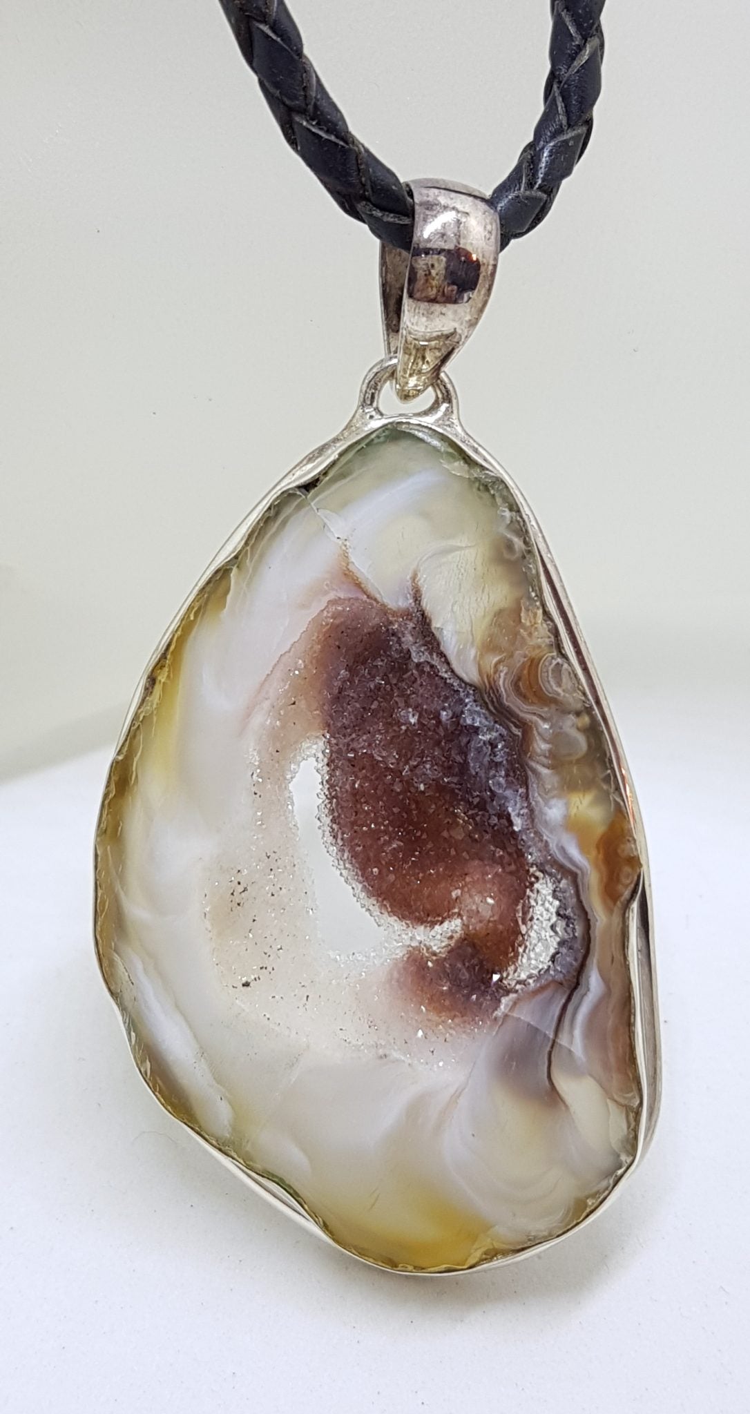 Sterling Silver Large Druzy Agate Pendant on Black Chain / Necklace