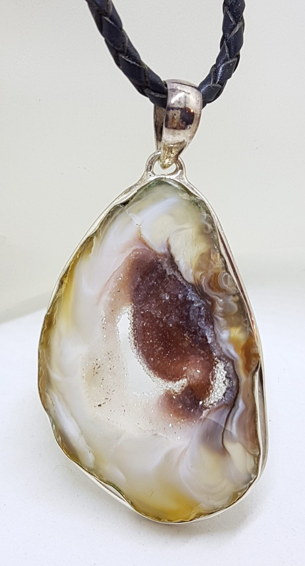 Sterling Silver Large Druzy Agate Pendant on Black Chain / Necklace