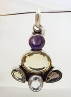 Sterling Silver Large Citrine, Smokey Quartz, Amethyst and Clear Crystal Quartz Pendant on Silver Choker Necklace