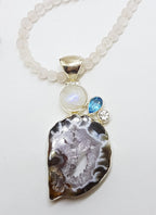 Sterling Silver Large Moonstone, Topaz, Clear Crystal Quartz and Druzy Agate Pendant on Rose Quartz Chain / Necklace