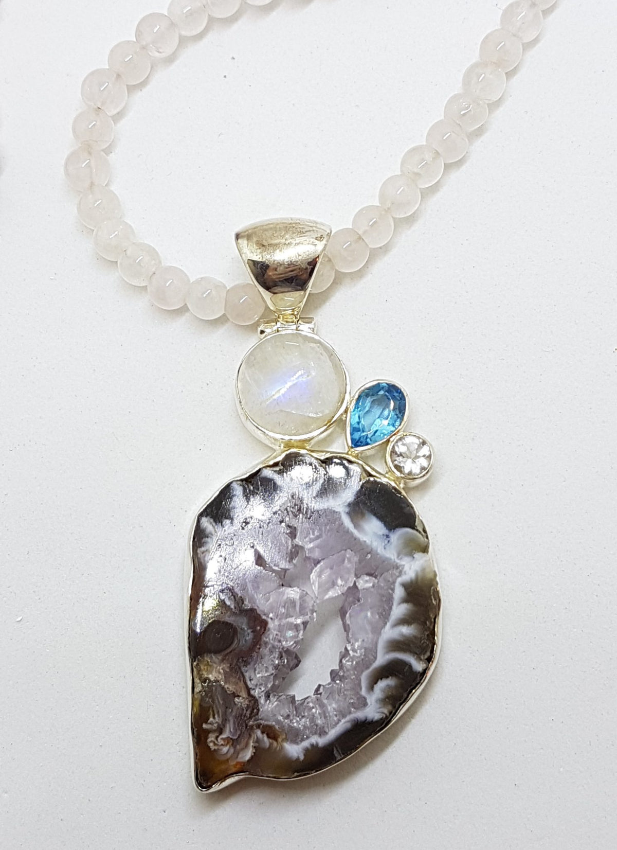 Sterling Silver Large Moonstone, Topaz, Clear Crystal Quartz and Druzy Agate Pendant on Rose Quartz Chain / Necklace