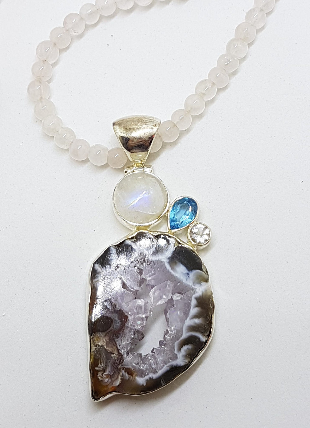 Sterling Silver Large Moonstone, Topaz, Clear Crystal Quartz and Druzy Agate Pendant on Rose Quartz Chain / Necklace