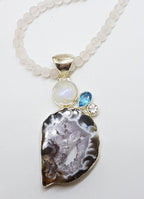 Sterling Silver Large Moonstone, Topaz, Clear Crystal Quartz and Druzy Agate Pendant on Rose Quartz Chain / Necklace