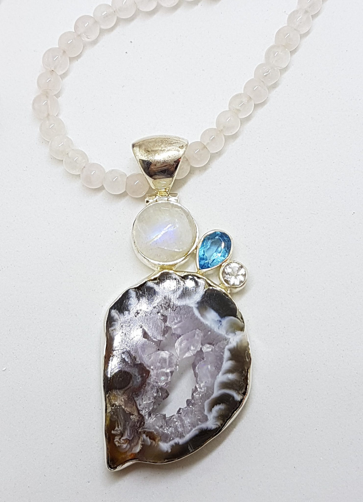Sterling Silver Large Moonstone, Topaz, Clear Crystal Quartz and Druzy Agate Pendant on Rose Quartz Chain / Necklace