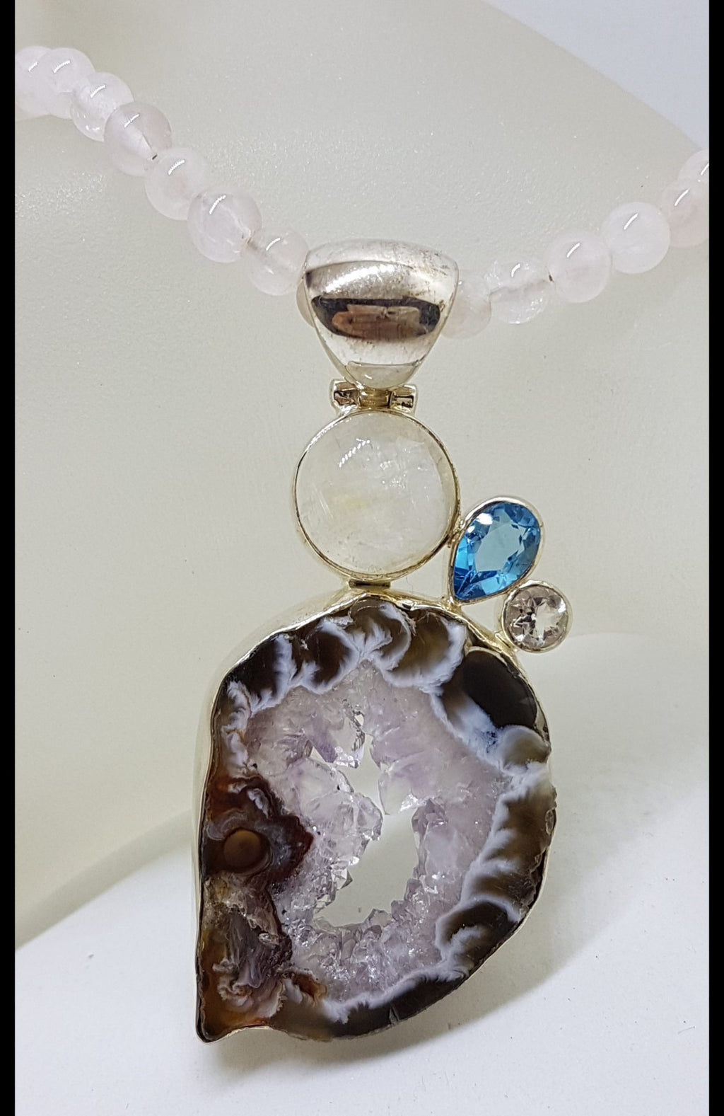 Sterling Silver Large Moonstone, Topaz, Clear Crystal Quartz and Druzy Agate Pendant on Rose Quartz Chain / Necklace