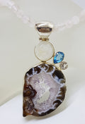 Sterling Silver Large Moonstone, Topaz, Clear Crystal Quartz and Druzy Agate Pendant on Rose Quartz Chain / Necklace