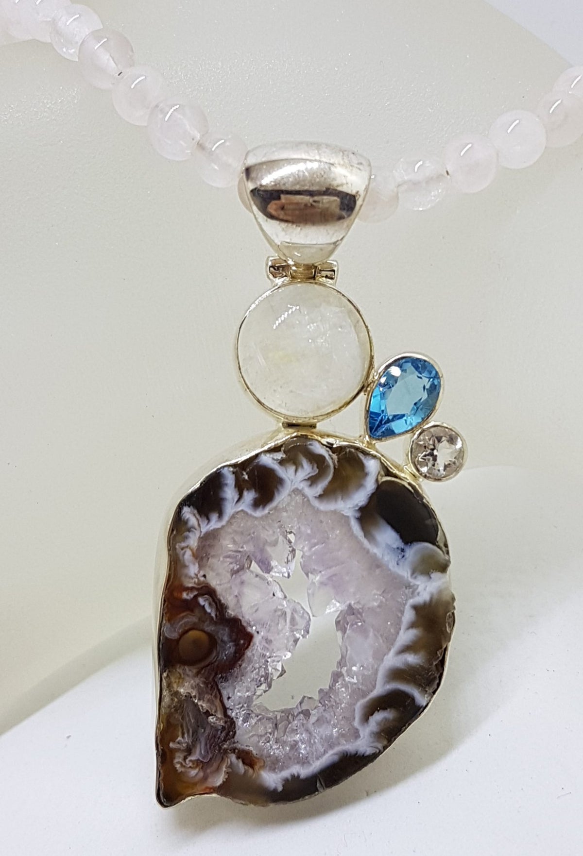 Sterling Silver Large Moonstone, Topaz, Clear Crystal Quartz and Druzy Agate Pendant on Rose Quartz Chain / Necklace