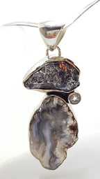 Sterling Silver Meteorite, Clear Crystal Quartz and Agate Large Pendant on Black Chain / Necklace